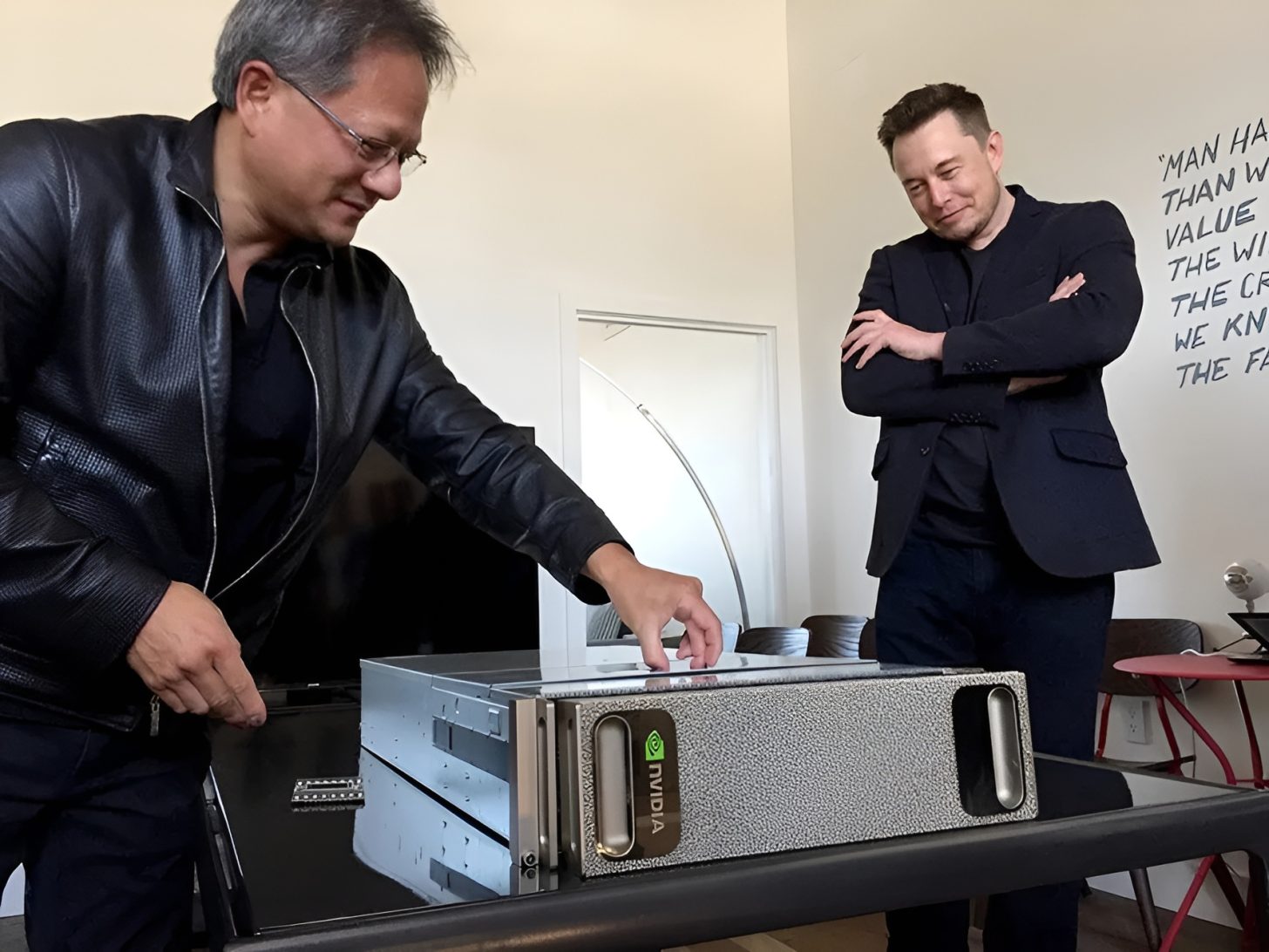 Elon Musk and Jensen Huang with NVIDIA DGX-1 Supercomputer featuring PrometheanFoam technology