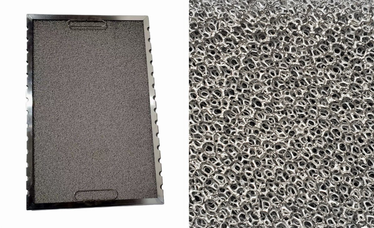 Metal foam HVAC filter showing three-dimensional open-cell iron-nickel alloy structure providing 92.4% PM2.5 capture, moisture condensation, and grease liquefaction — manufactured by PrometheanFoam