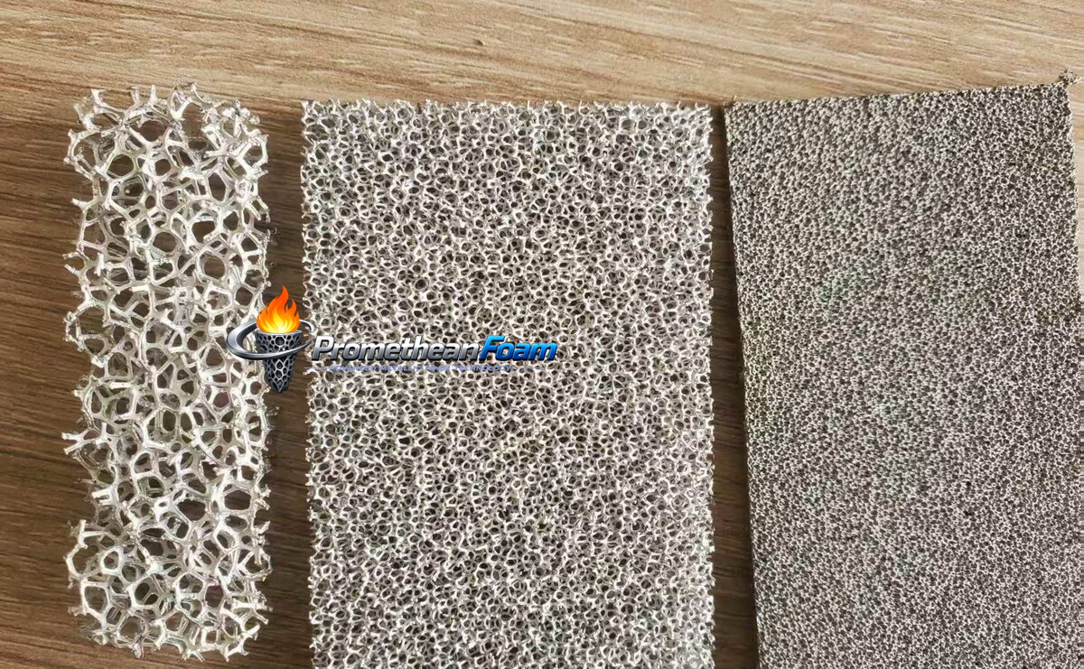 Pure nickel foam microstructure close-up — interconnected 3D porous network, >99.5% Ni purity, high surface area for electrochemical applications